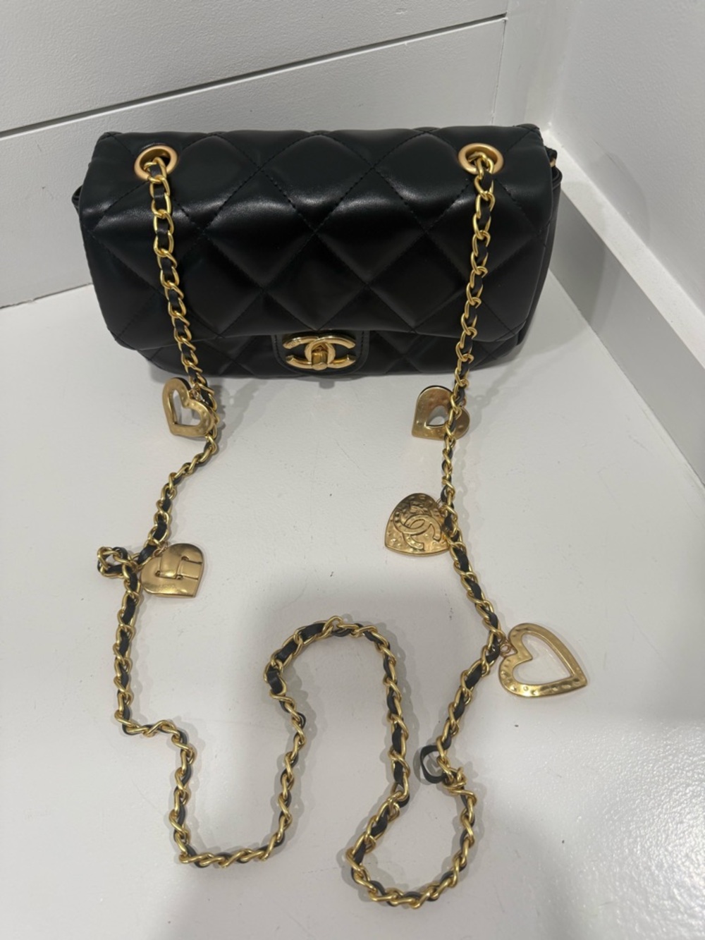 Chanel Black Quilted Leather Mini Crossbody with Gold Chain and Heart Charms - Picture 3 of 8